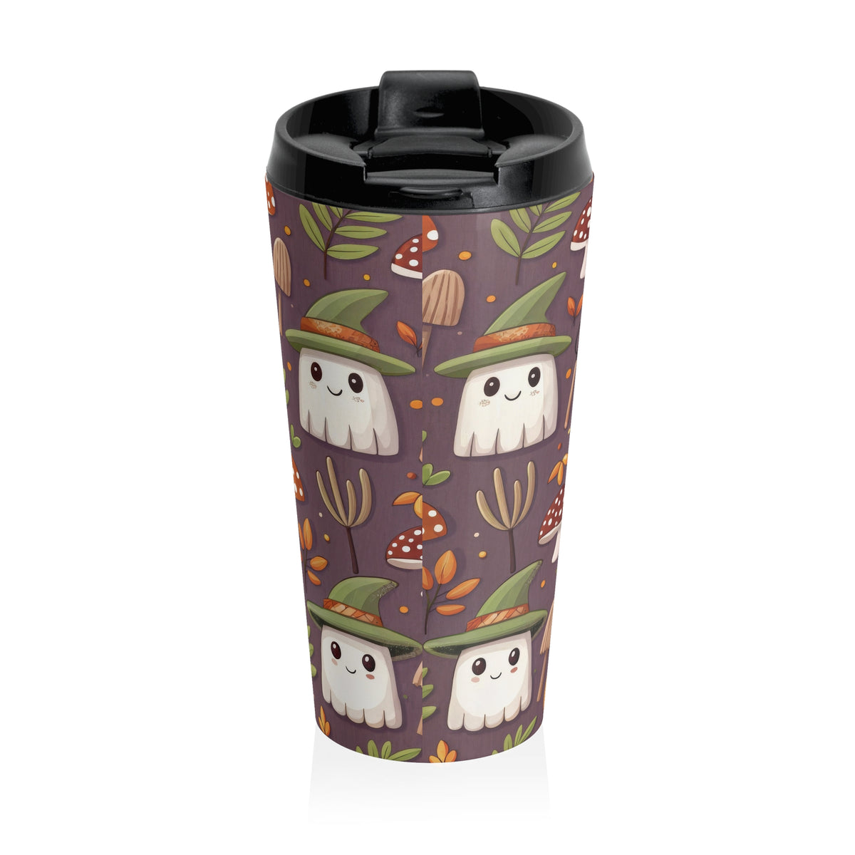 Whimsical Ghost and Mushroom Travel Mug | Halloween Coffee Cup, Eco-Friendly, Pumpkin Spice Lover's Mug
