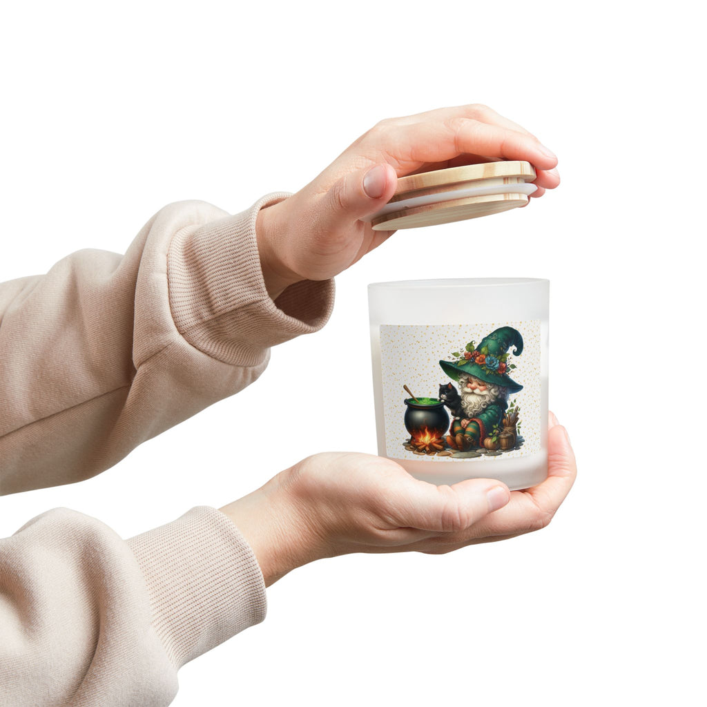 Autumn Gnome Black Cat Cauldron Candle, 11oz Frosted Glass for Cozy Vibes, Perfect for Home Decor, Gifts, Halloween