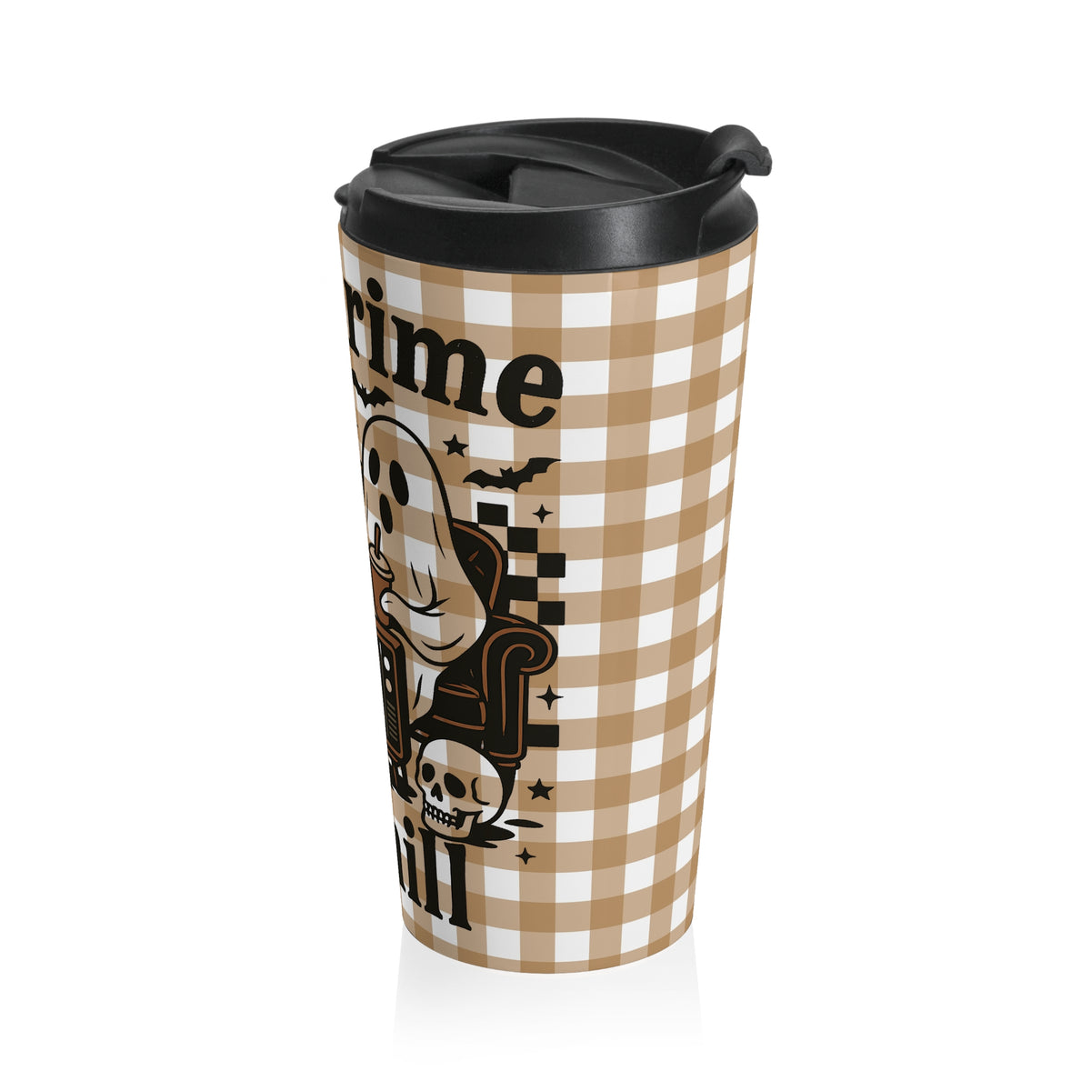 True Crime Funny Halloween Ghost Stainless Steel Travel Mug | Ideal for Camping, Hiking, Gifting, Fall Check Plaid Travel Mug, Coffee Lovers