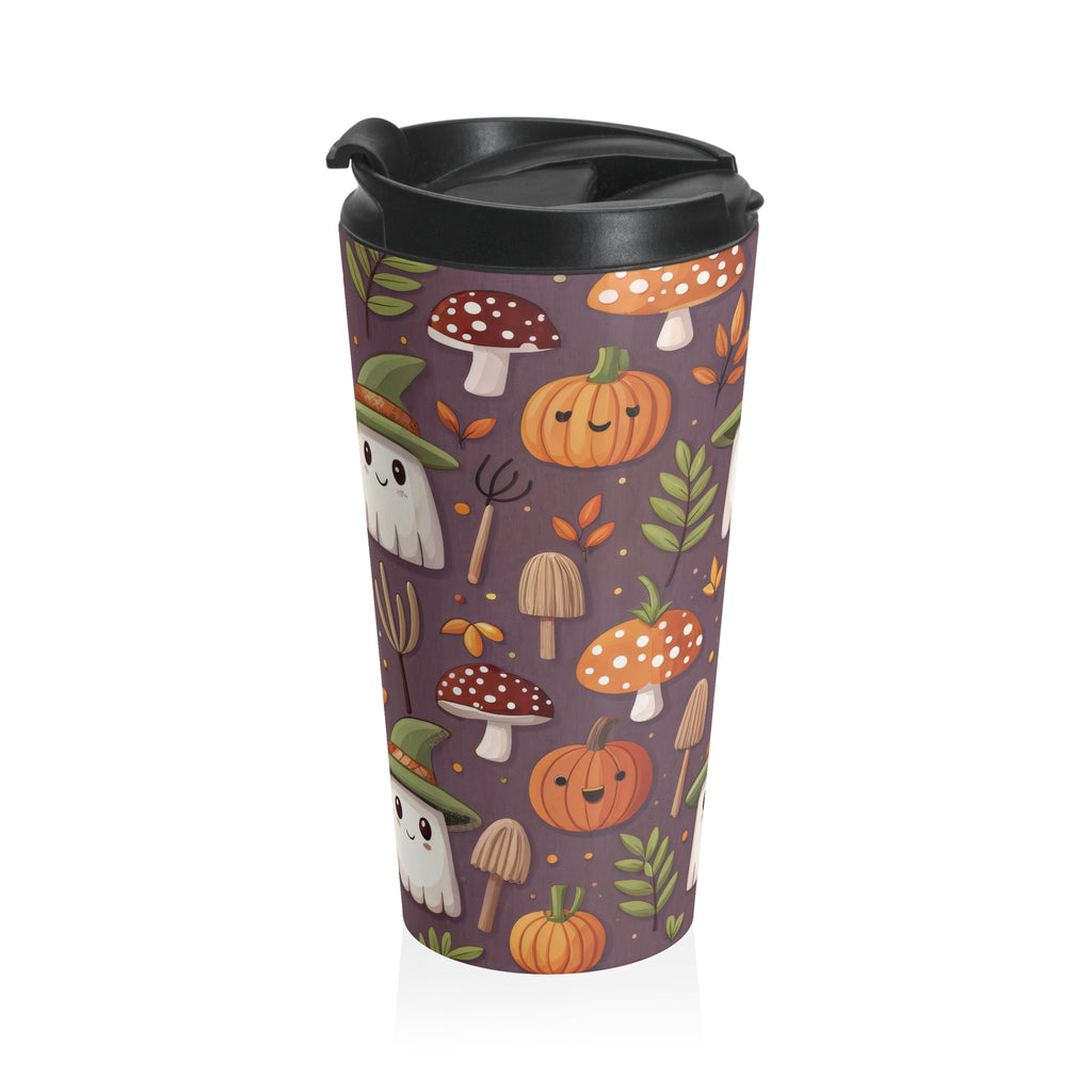 Whimsical Ghost and Mushroom Travel Mug | Halloween Coffee Cup, Eco-Friendly, Pumpkin Spice Lover's Mug