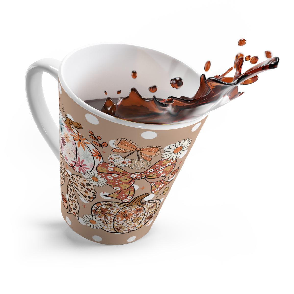 Flower Pumpkin and Dots Latte Mug for Coffee Lovers | Cute Coquette Bow Halloween & Fall Floral Design