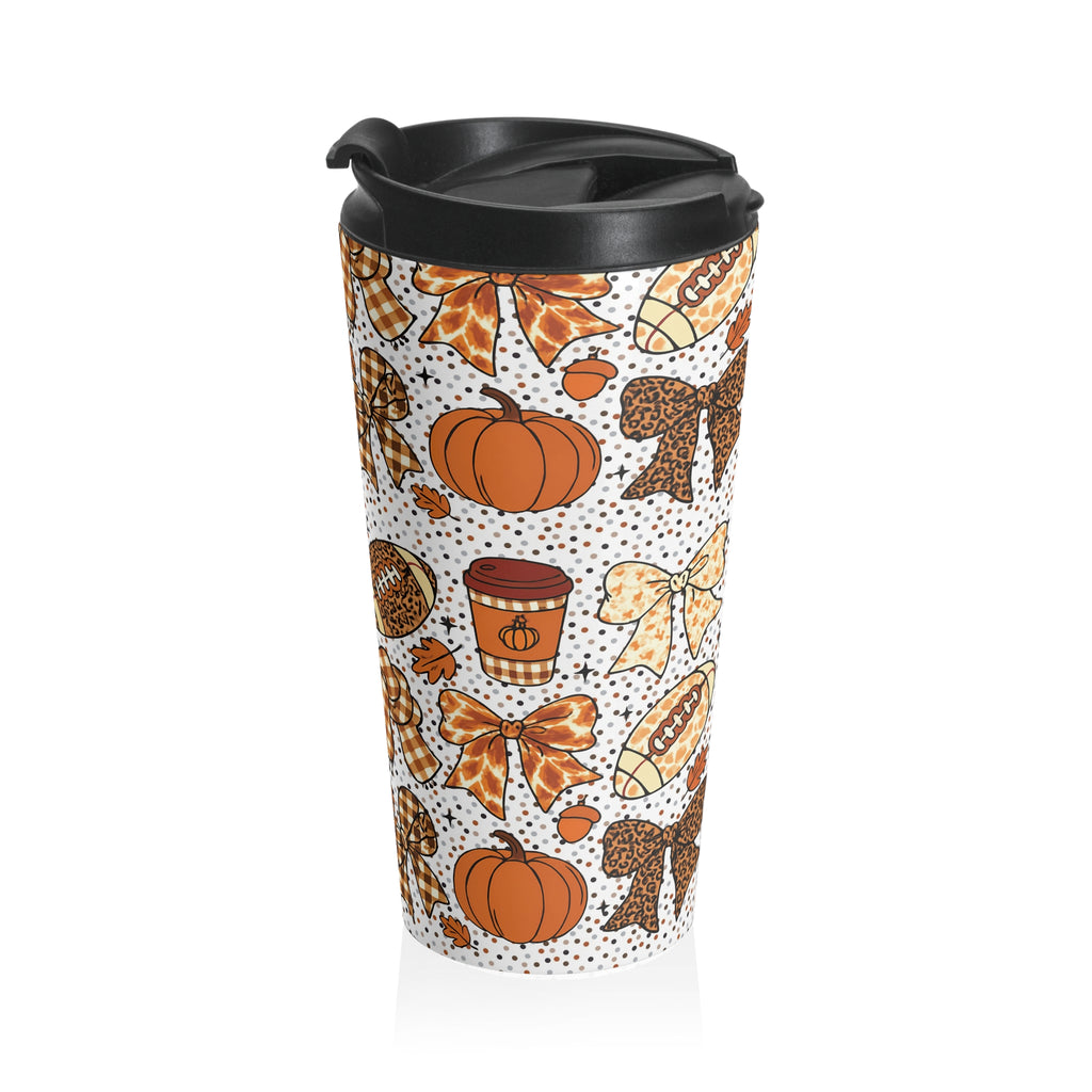 Fall Football Pumpkin Lattes Travel Mug, Stainless Steel Tumbler for Coquette Bow Fans, Autumn Wrap Around Cup, Gift Idea for Coffee Lovers,