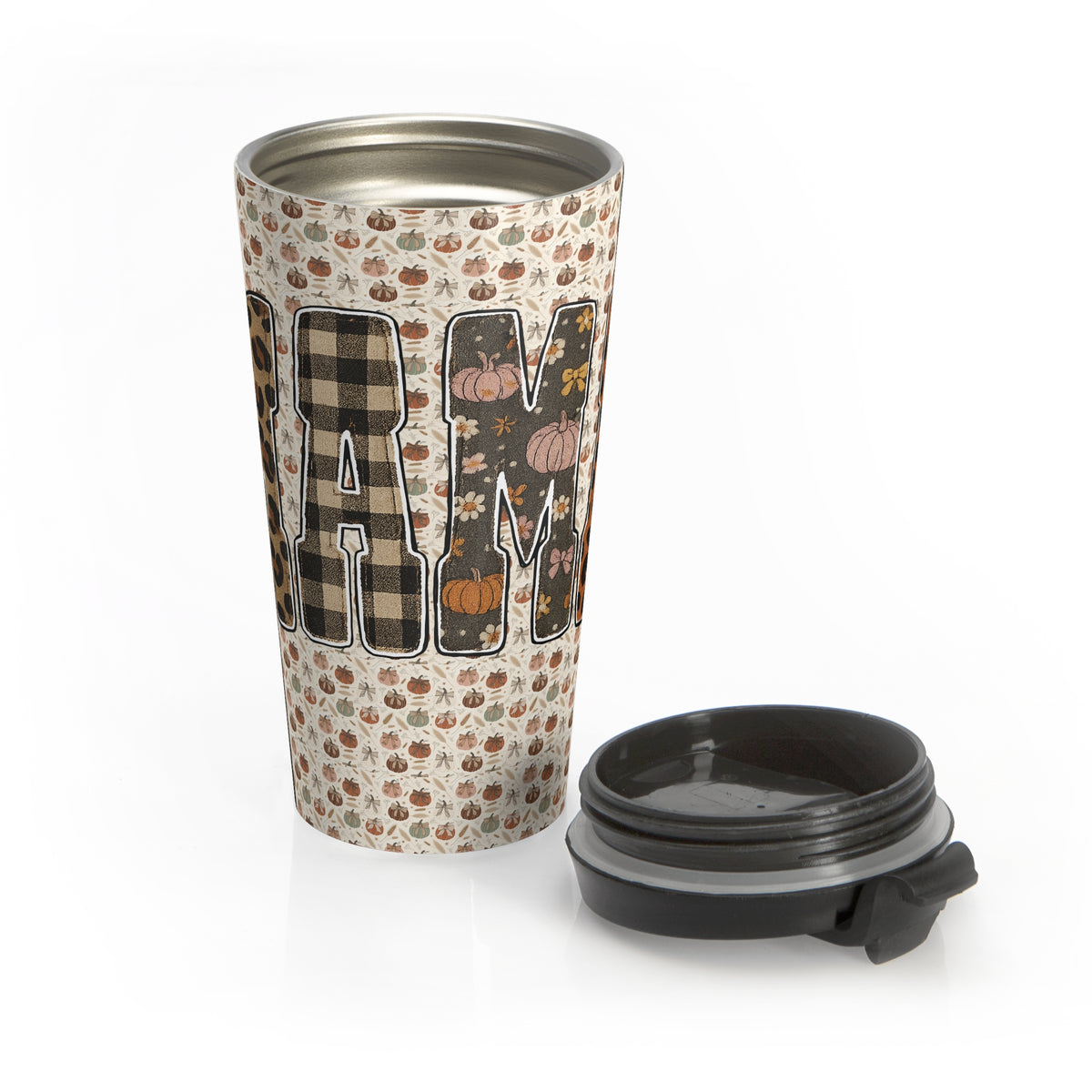 MAMA Pumpkin Pattern Autumn Harvest Travel Mug, Patchwork Varsity Mama, Cozy Fall Drinkware, Thanksgiving Gift, Coffee Cup, Tumbler