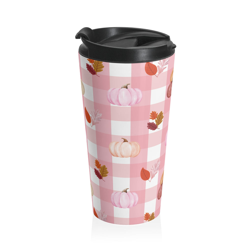 Pink Autumn Pumpkin Travel Mug, Fall Coffee Cup, Thanksgiving Gift, Seasonal Travel Mug, Cozy Home Decor, Pink Checkered Mug with Pumpkins