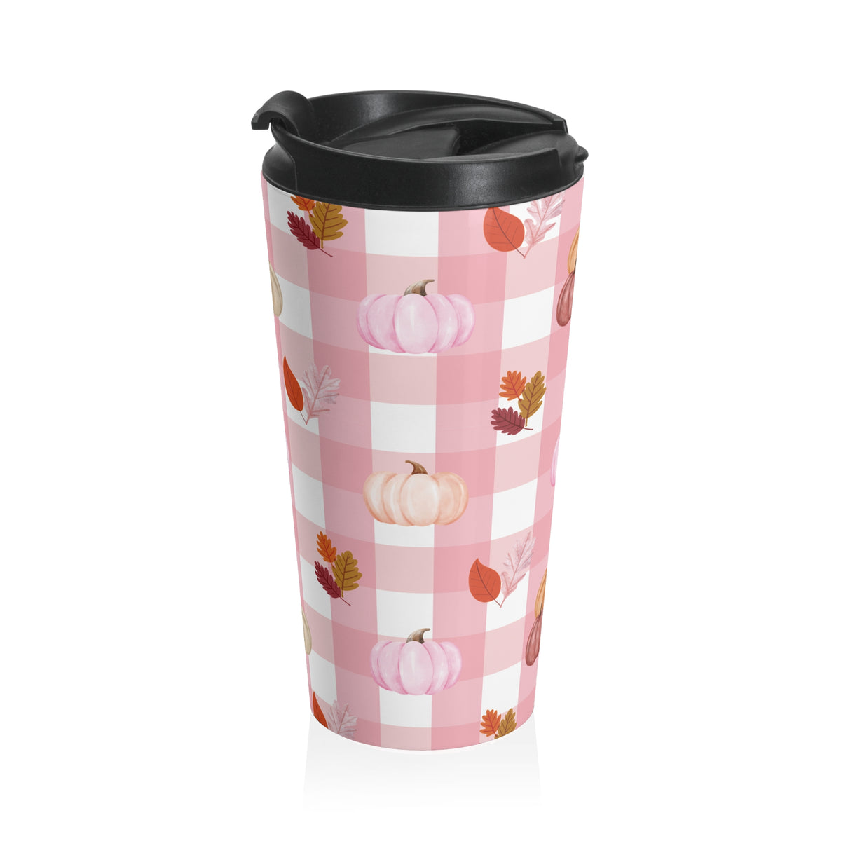 Pink Autumn Pumpkin Travel Mug, Fall Coffee Cup, Thanksgiving Gift, Seasonal Travel Mug, Cozy Home Decor, Pink Checkered Mug with Pumpkins