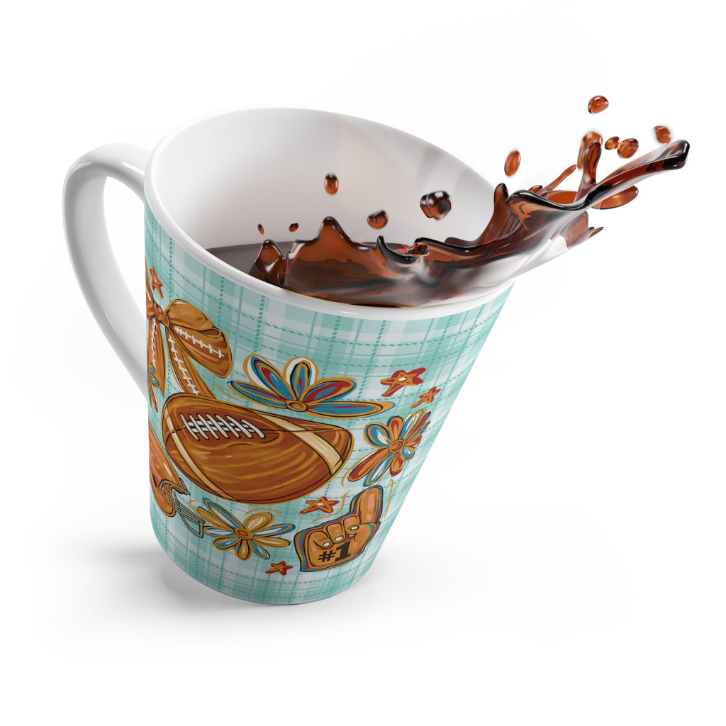 Charming Cyan Plaid Latte Mug for Football Fans, Cheerful Mug for Game Days, Coffee Lover's Gift, Coquette Bow, Celebrate Football Season
