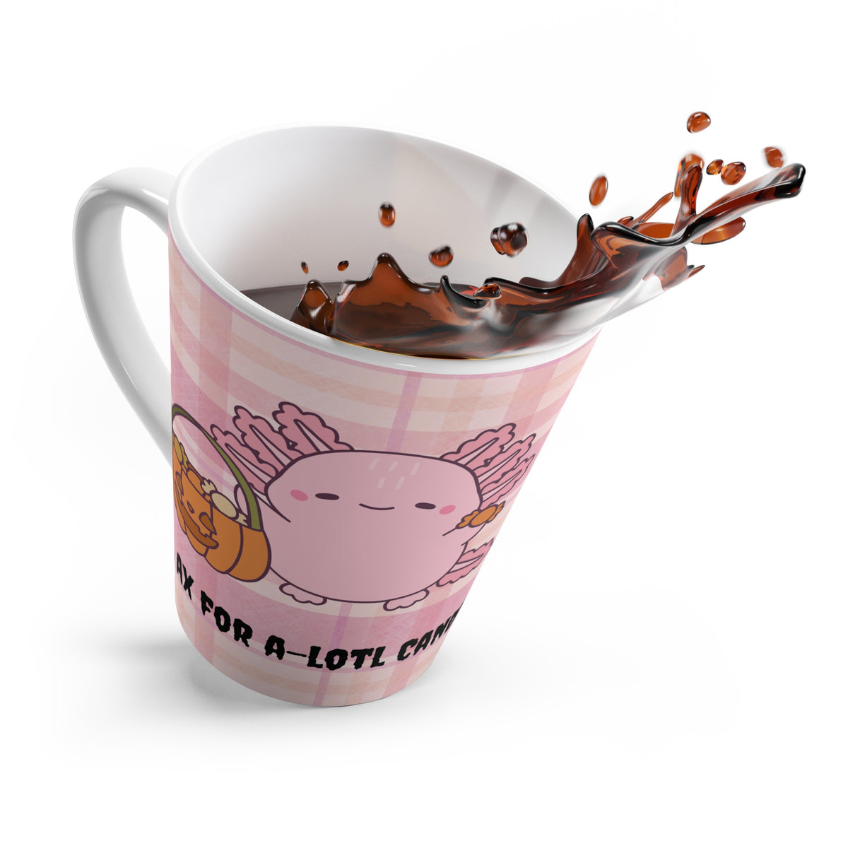Cute Halloween Axolotl and Pink Plaid Latte Mug, Perfect for Cozy October Mornings