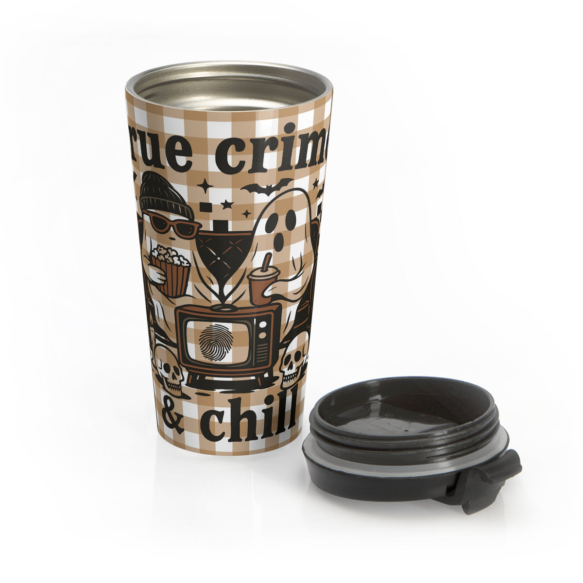 True Crime Funny Halloween Ghost Stainless Steel Travel Mug | Ideal for Camping, Hiking, Gifting, Fall Check Plaid Travel Mug, Coffee Lovers