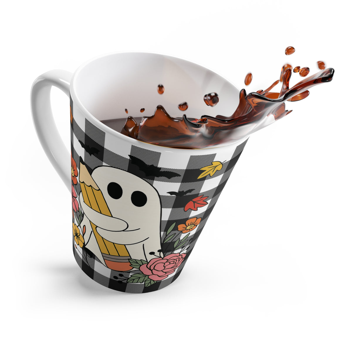 Charming School Ghost Latte Mug - Perfect for Fall, Halloween Decor, Gift for Coffee Lovers, Floral Spirit Design, Black and White Check
