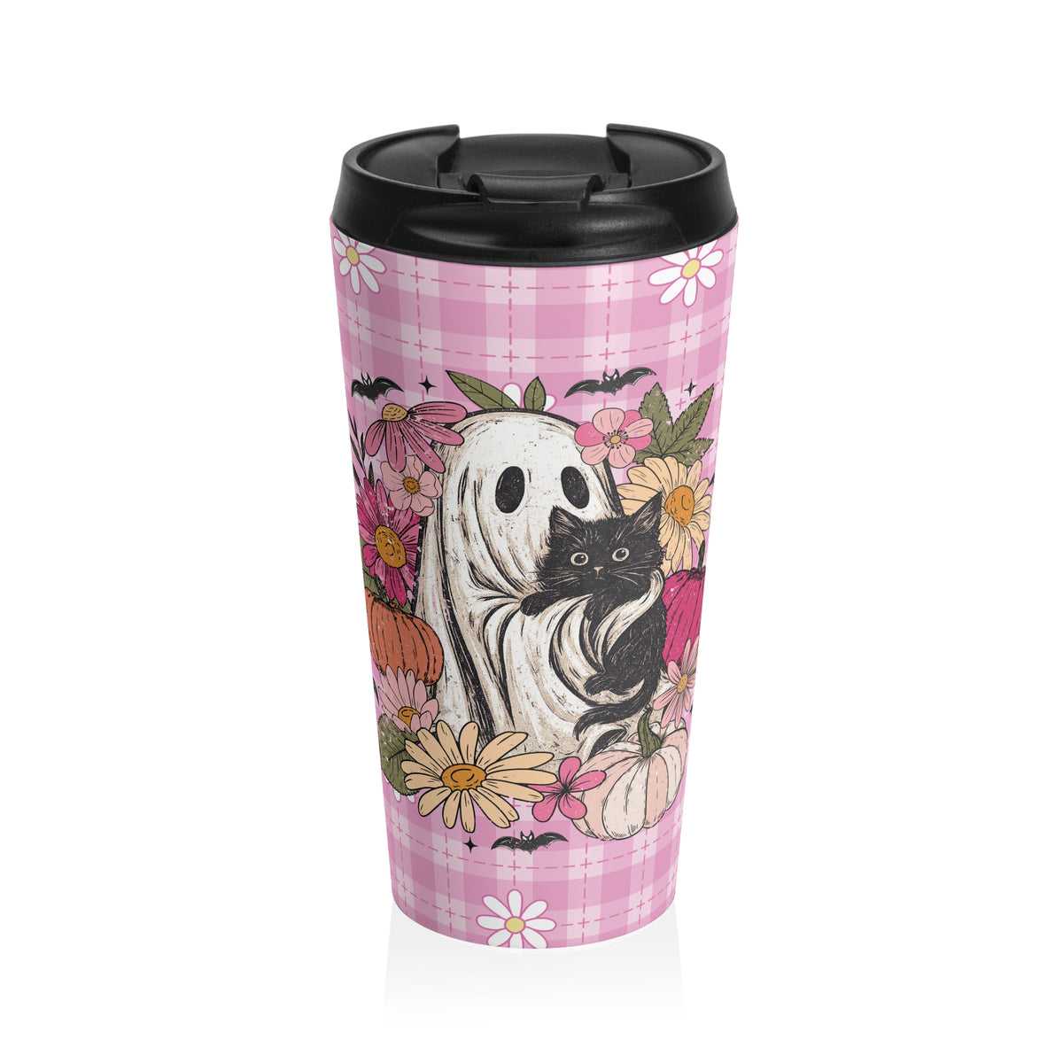 Whimsical Floral Ghost and Black Cat  Travel Mug - Tranquil Vibes, Perfect for Cat Lovers, Girly Halloween