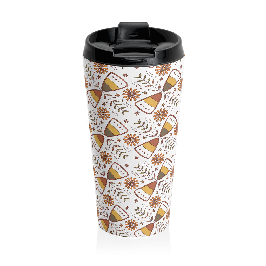 Nordic Hygge Halloween Candy Corn Stainless Steel Travel Mug, Cozy Halloween Cup, Fall Hot Drink Tumbler, Autumn Tea Mug, Spooky Coffee