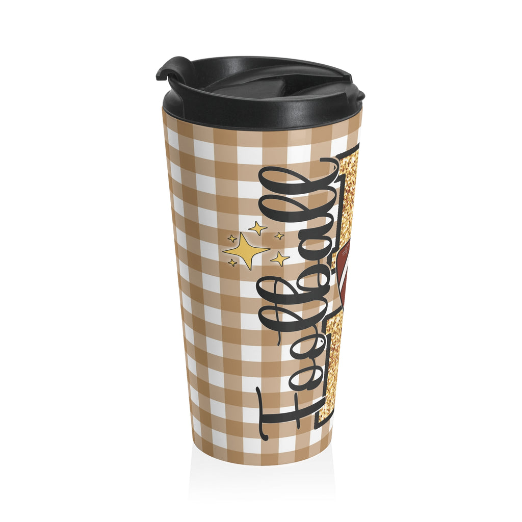 Cute Coquette Bow "Football Mom" Tan Beige Check Travel Mug, Gift for Sports Lovers, Stainless Steel Cup, Coffee Tumbler for Game Day