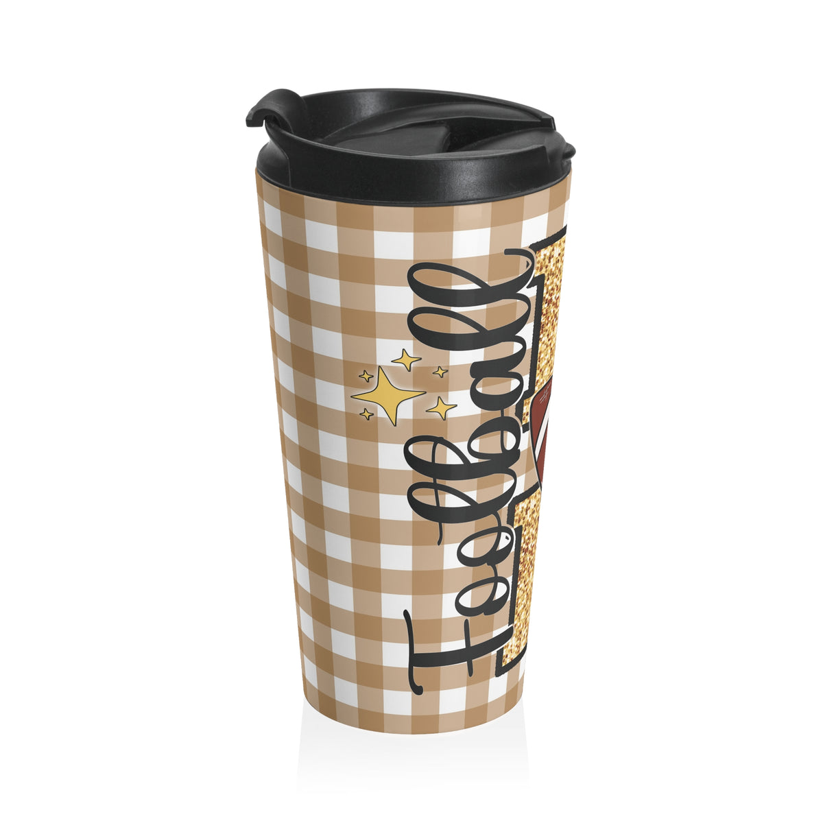 Cute Coquette Bow "Football Mom" Tan Beige Check Travel Mug, Gift for Sports Lovers, Stainless Steel Cup, Coffee Tumbler for Game Day