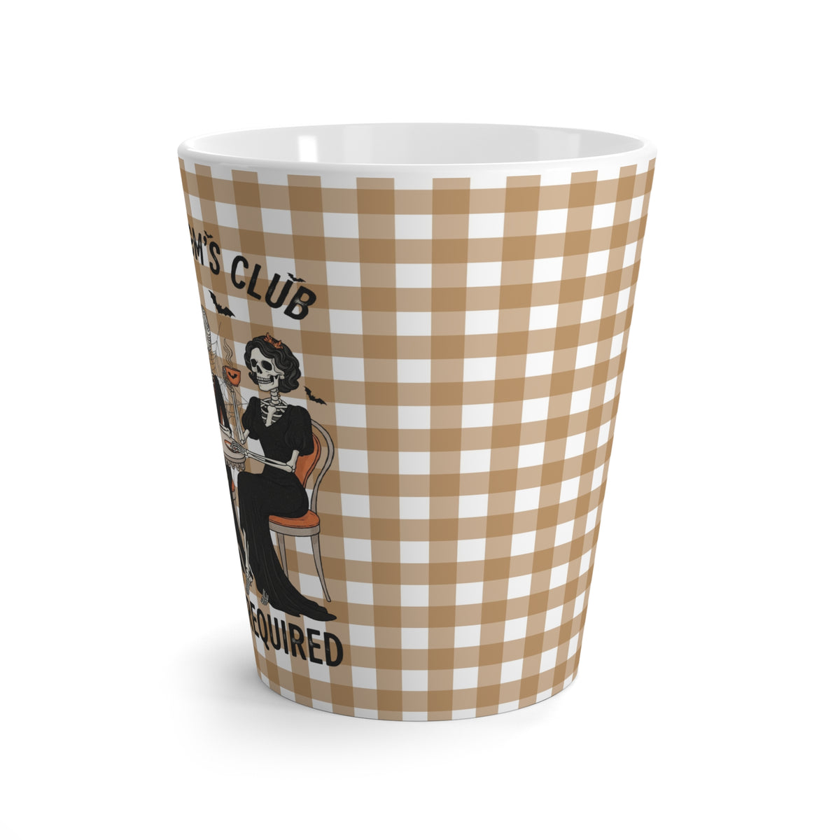 Spooky Mom's Club Latte Mug - Funny Skeleton Halloween Coffee Cup, Gift for Moms, Gingham Print, Caffeine Required