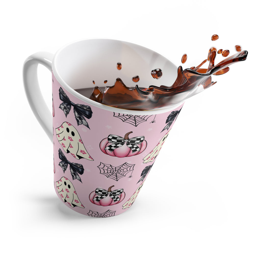 Pink Ghost Coquette Bow Latte Mug for Coffee Lovers | Cute Girly Halloween Design