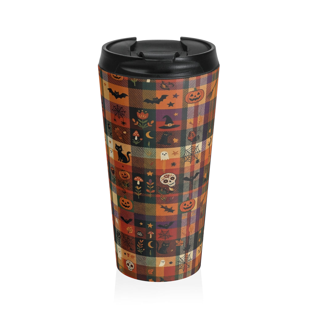 Halloween Plaid Travel Mug | Pumpkins, Cats, Bats & Skulls