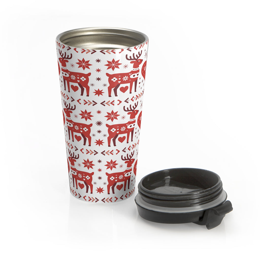 Red Scandinavian Reindeer Pattern Insulated Travel Mug | Nordic Christmas Mug