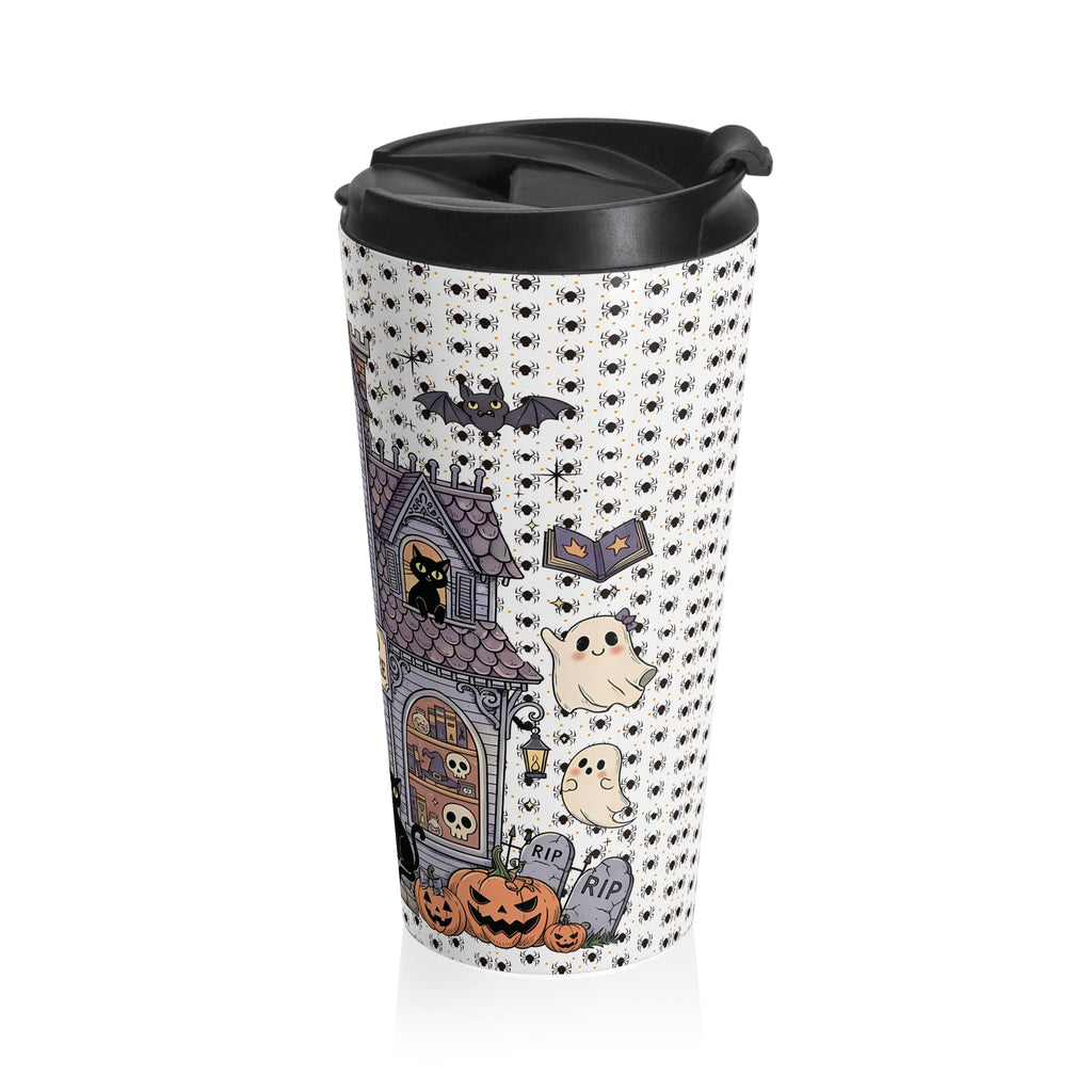 Funny Halloween Haunted Bookstore Black Cat Stainless Steel Travel Mug, Halloween Gift, Spooky Travel Mug, Ghostly Travel Mug