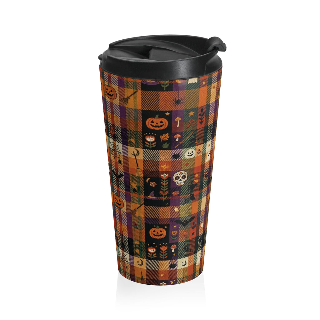 Halloween Plaid Travel Mug | Pumpkins, Cats, Bats & Skulls