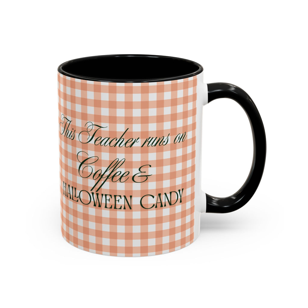 This Teacher Runs on Coffee & Halloween Candy, Cozy Plaid Quilt Style Letters Coffee Cup, Gift for Teacher Appreciation, Back to School