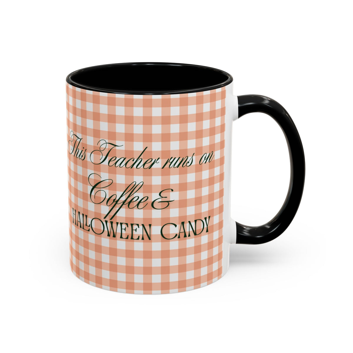 This Teacher Runs on Coffee & Halloween Candy, Cozy Plaid Quilt Style Letters Coffee Cup, Gift for Teacher Appreciation, Back to School