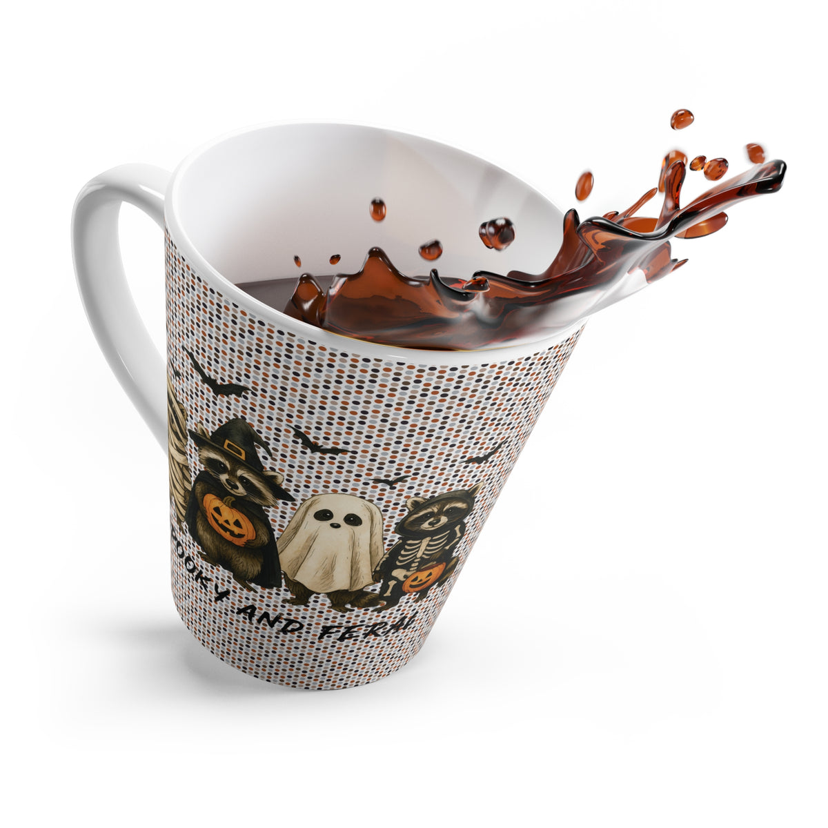 Funny Halloween Latte Mug with Spooky Feral Racoon in Costume Characters, Cute Coffee Cup for Fall Decor, Gift for Halloween Lovers,