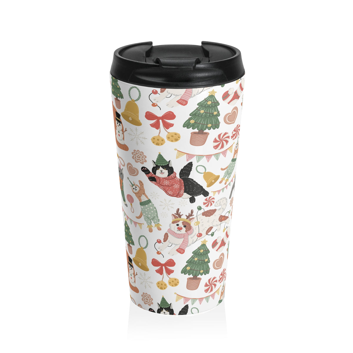 Christmas Cats Pajama Party Travel Mug | Winter Holiday Trees, Ornaments, Candy Cane