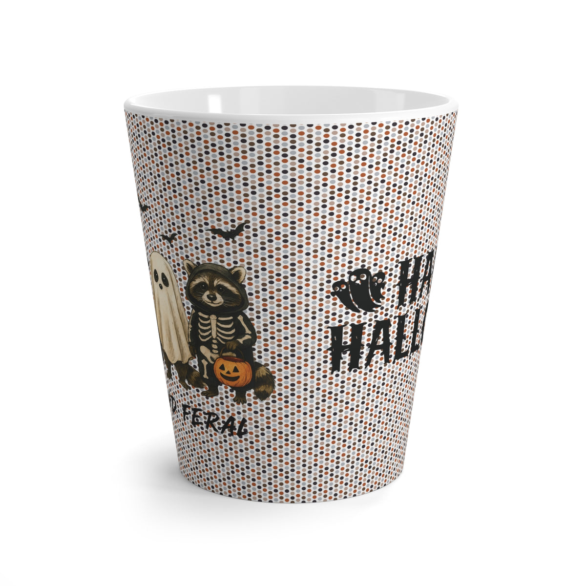 Funny Halloween Latte Mug with Spooky Feral Racoon in Costume Characters, Cute Coffee Cup for Fall Decor, Gift for Halloween Lovers,