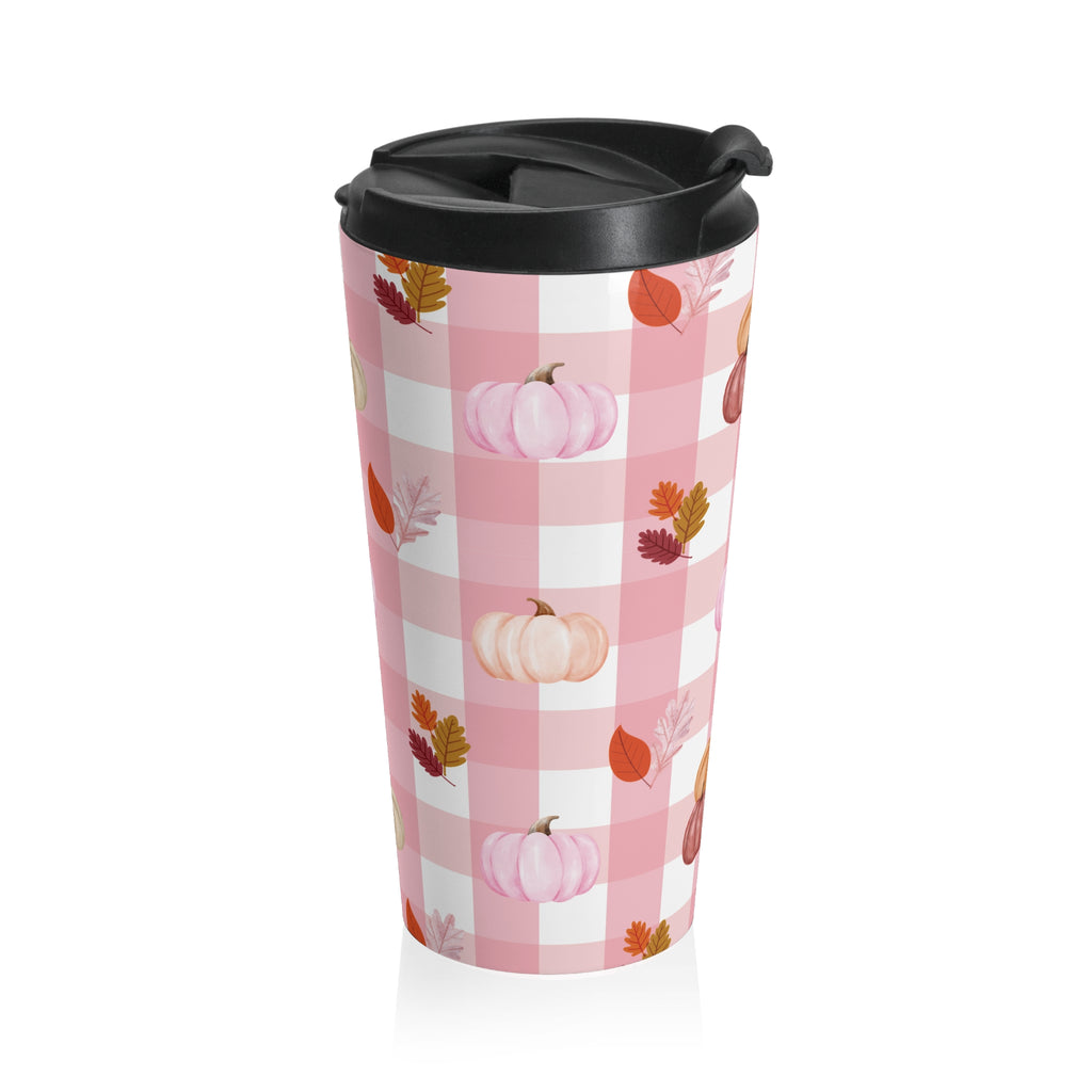 Pink Autumn Pumpkin Travel Mug, Fall Coffee Cup, Thanksgiving Gift, Seasonal Travel Mug, Cozy Home Decor, Pink Checkered Mug with Pumpkins