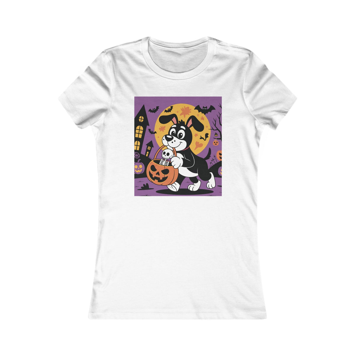 Halloween Women's Tee, Funny Dog with Halloween Bucket and Skeleton t-shirt, Spooky Ladies Shirt, Halloween Costume Top, Trick or Treat Tee