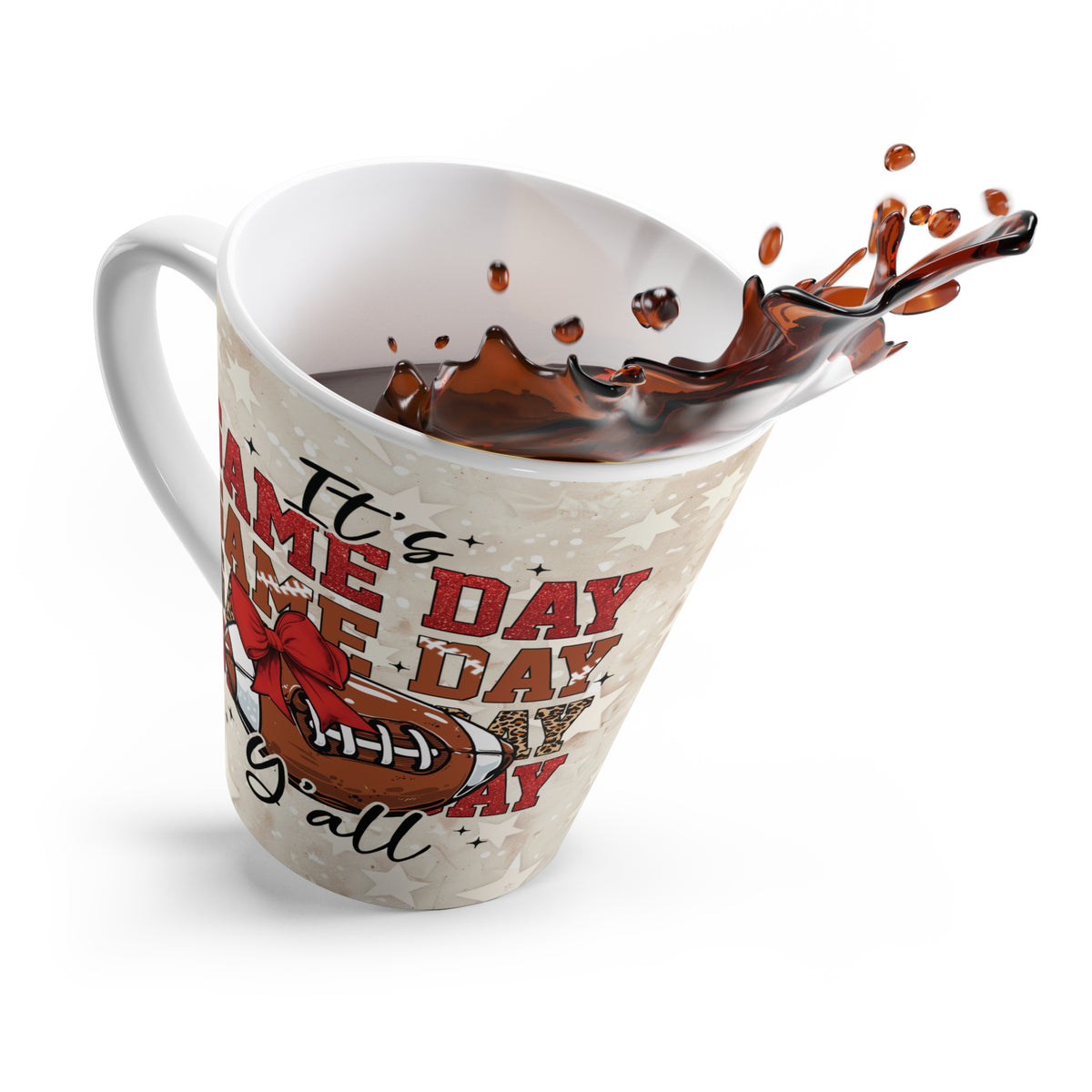 Latte Mug, Red Coquette Bow Football Game Day Cup, Neutral Beige Taupe Coffee Mug, Hot Beverage Cup, Sports Fan Gift, Game Day