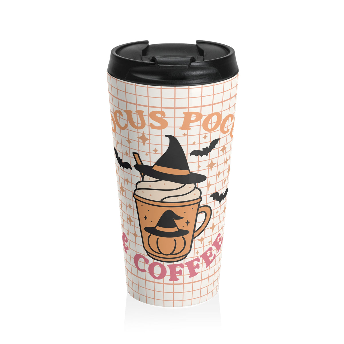 Halloween "Hocus Pocus & Coffee" Gingham Check Pattern Stainless Steel Travel Mug | Cozy Fall Pumpkin Latte Vibe