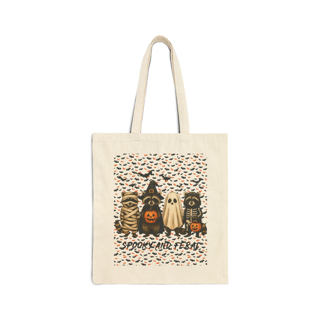 Funny "Spooky & Feral" Halloween-Themed Cotton Canvas Trick or Treat Tote Bag, Spooky Bag, Trick or Treat Tote, 15x16"
