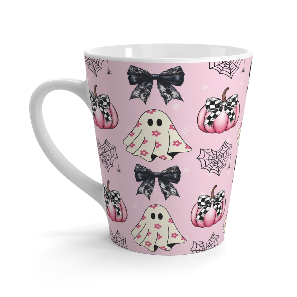 Pink Ghost Coquette Bow Latte Mug for Coffee Lovers | Cute Girly Halloween Design