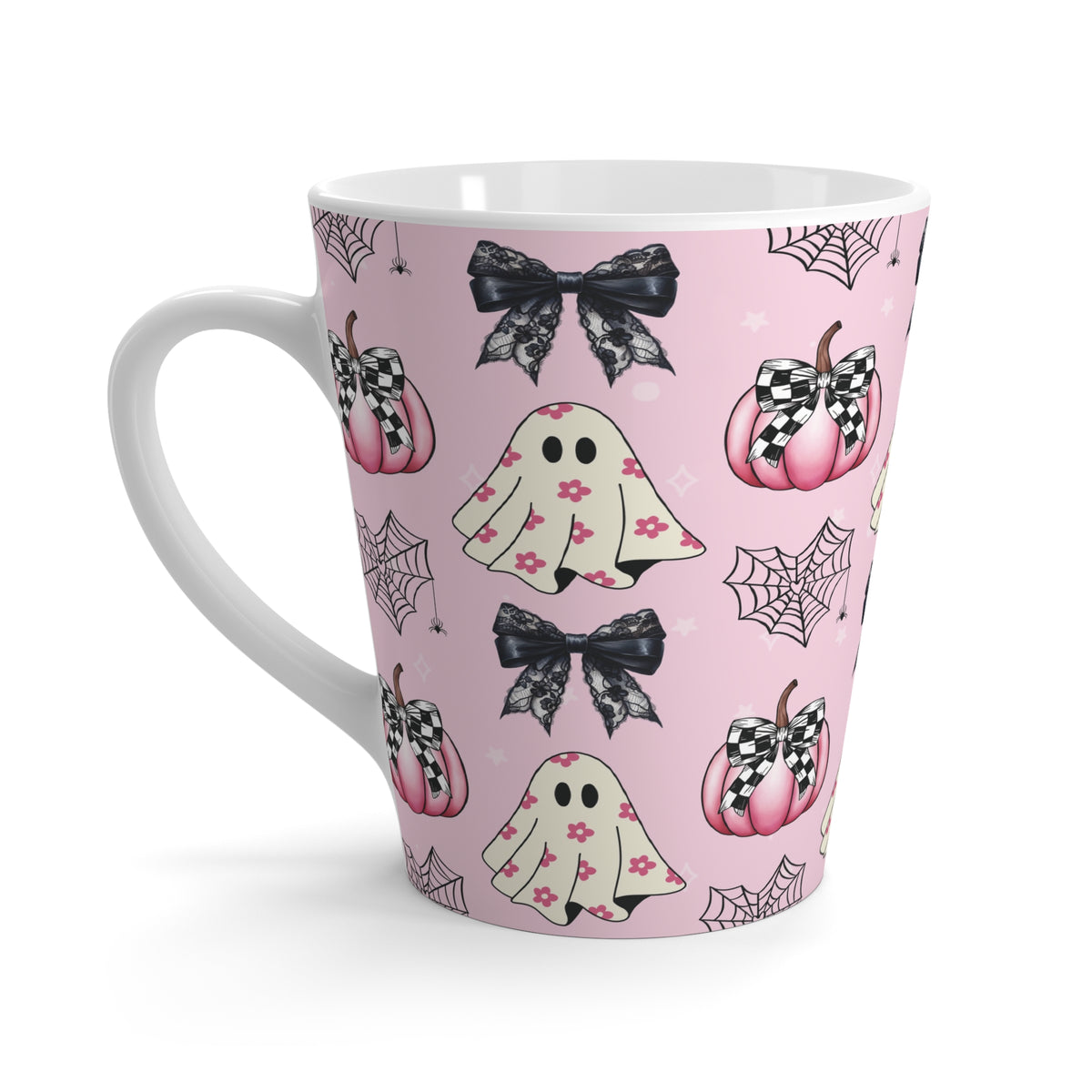 Pink Ghost Coquette Bow Latte Mug for Coffee Lovers | Cute Girly Halloween Design
