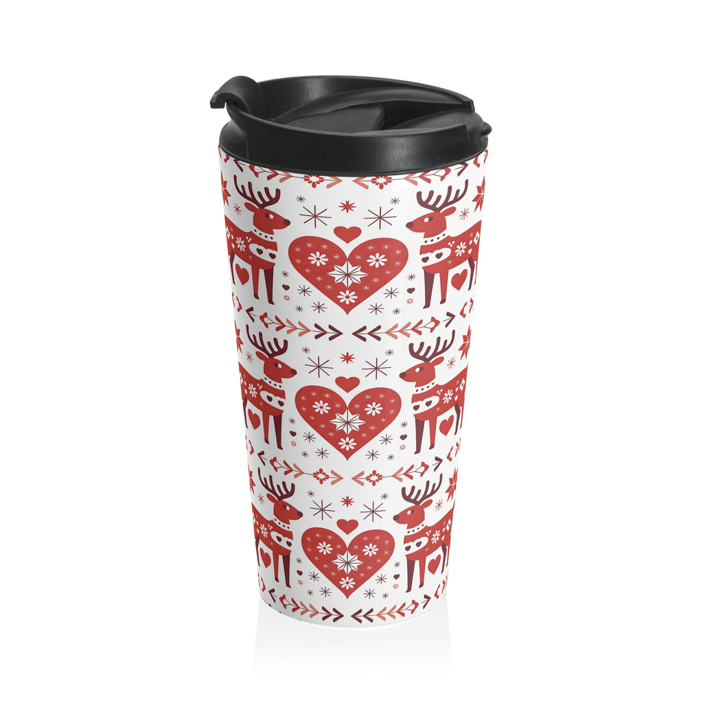 Red Scandinavian Reindeer Pattern Insulated Travel Mug | Nordic Christmas Mug