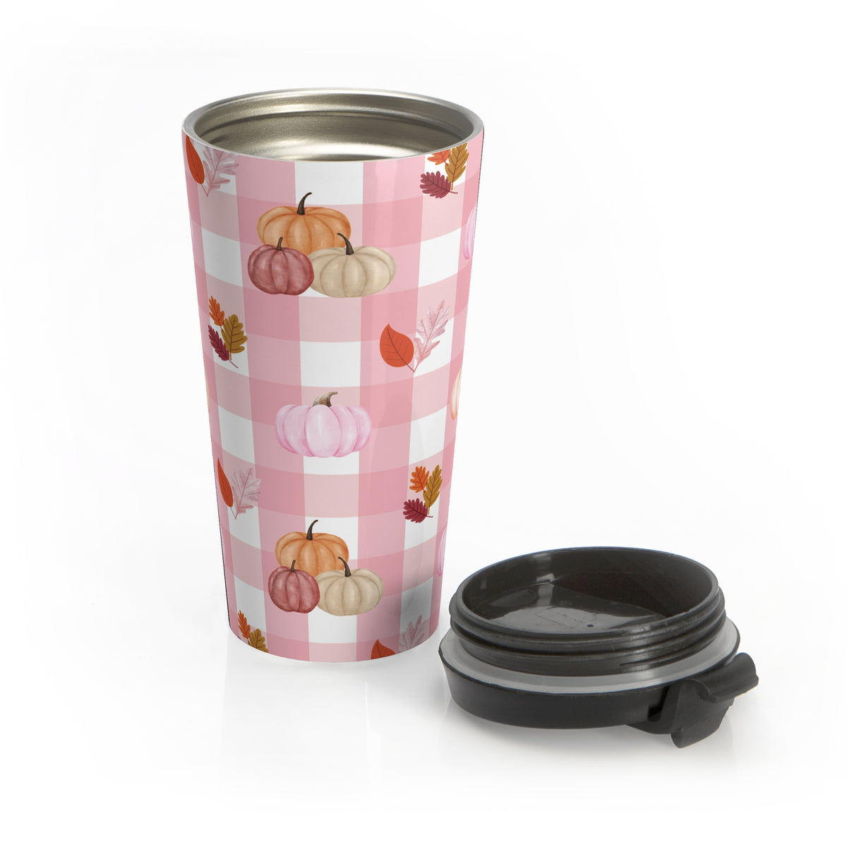 Pink Autumn Pumpkin Travel Mug, Fall Coffee Cup, Thanksgiving Gift, Seasonal Travel Mug, Cozy Home Decor, Pink Checkered Mug with Pumpkins