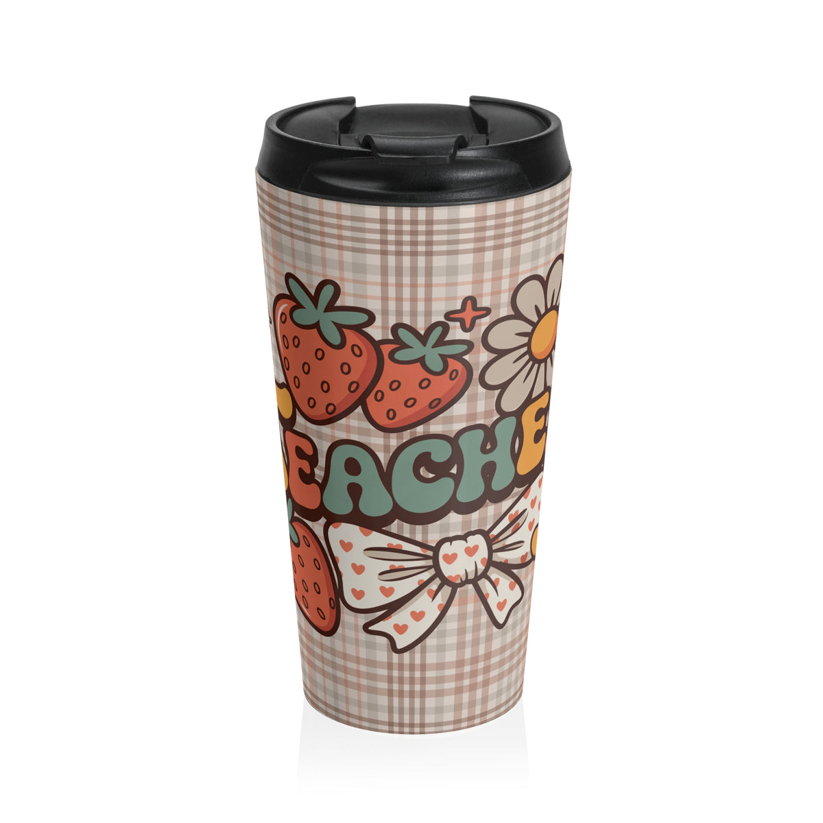 Colorful Floral Teacher Stainless Steel Travel Mug, Coquette Bow, Gift for Teachers, Cute Travel Mug, Insulated Neutral Tones