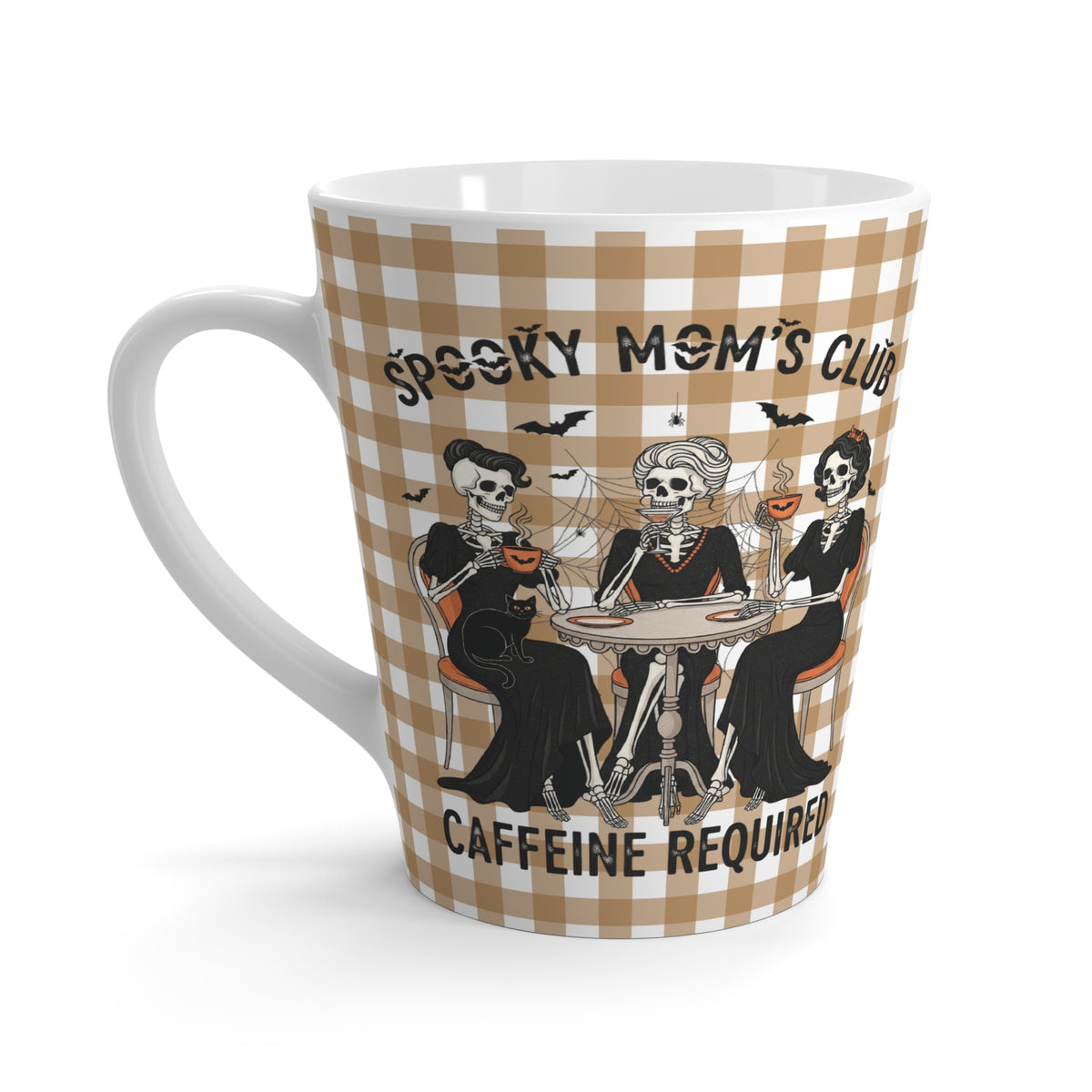Spooky Mom's Club Latte Mug - Funny Skeleton Halloween Coffee Cup, Gift for Moms, Gingham Print, Caffeine Required