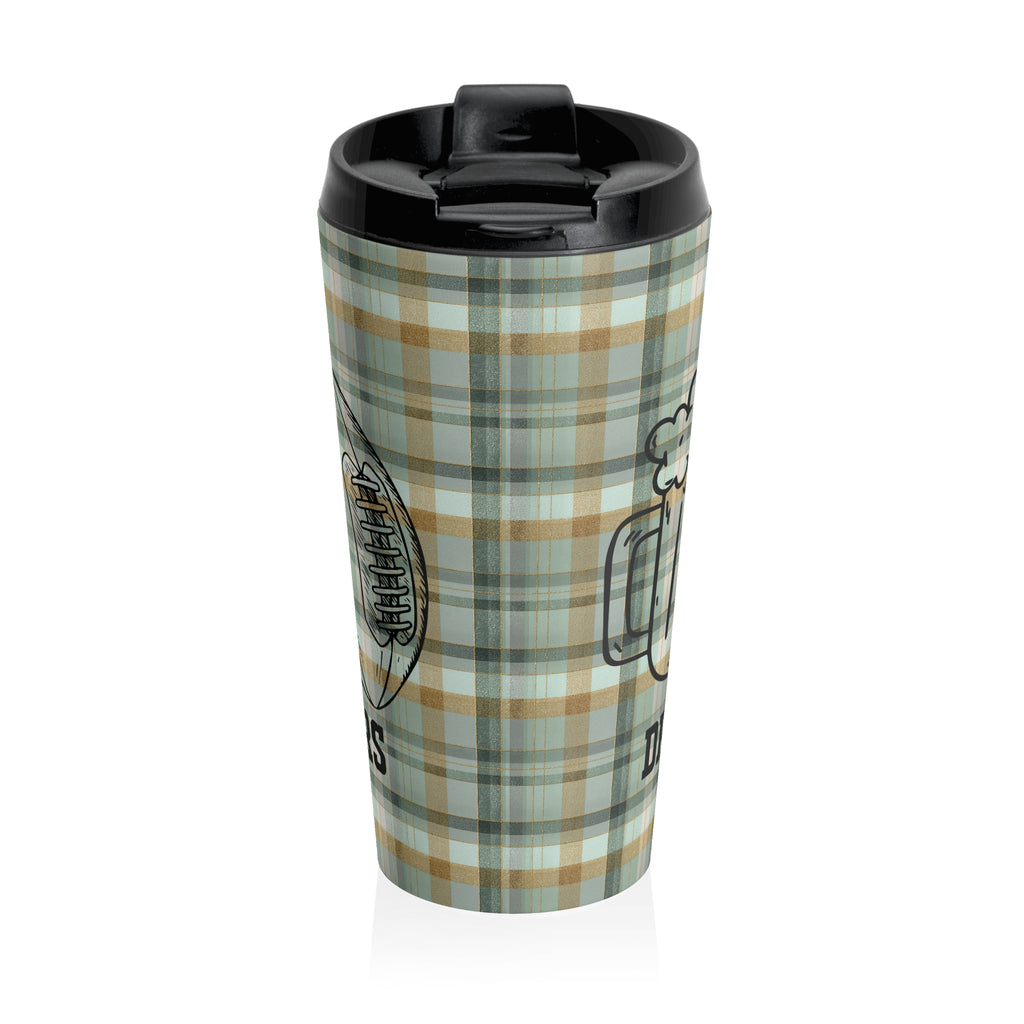 Green Bay Packers Football Fan Green Plaid "Drink, Love, Packers" Stainless Steel Travel Mug, Sports Team Gift, Game Day Tailgating Gear