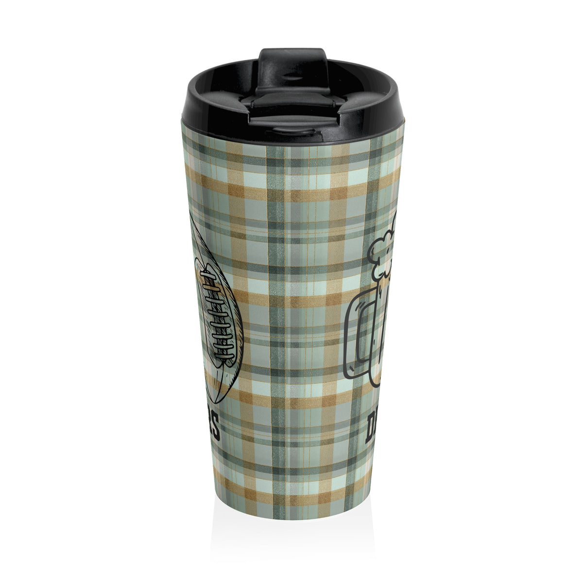 Green Bay Packers Football Fan Green Plaid "Drink, Love, Packers" Stainless Steel Travel Mug, Sports Team Gift, Game Day Tailgating Gear