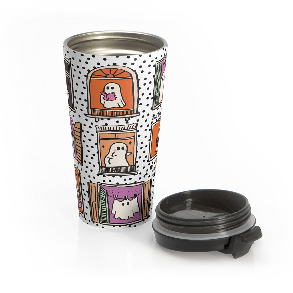 Whimsical Funny Ghost Travel Mug for Halloween Lovers, Too Cozy to Haunt, Stainless Steel Travel Mug for Gifting, Perfect for Holidays