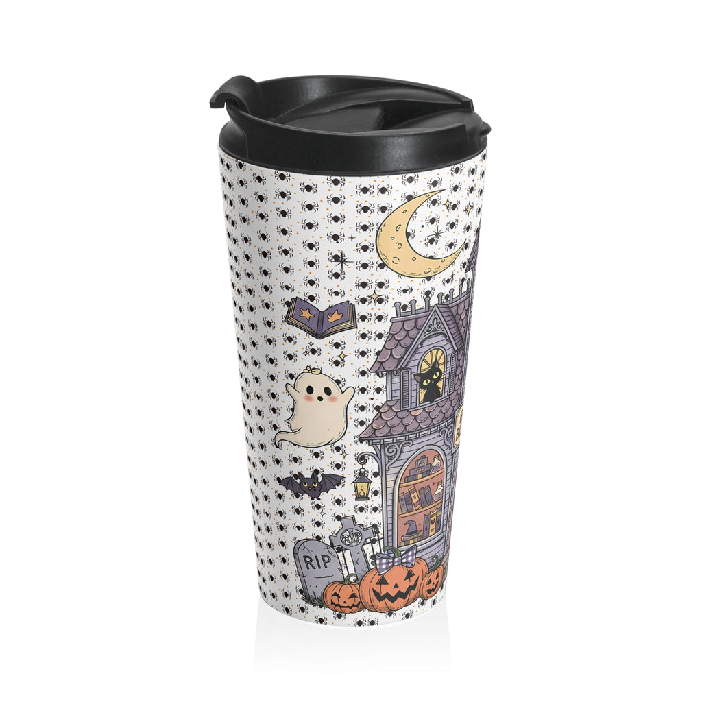 Funny Halloween Haunted Bookstore Black Cat Stainless Steel Travel Mug, Halloween Gift, Spooky Travel Mug, Ghostly Travel Mug