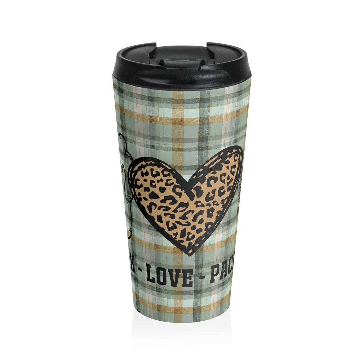 Green Bay Packers Football Fan Green Plaid "Drink, Love, Packers" Stainless Steel Travel Mug, Sports Team Gift, Game Day Tailgating Gear