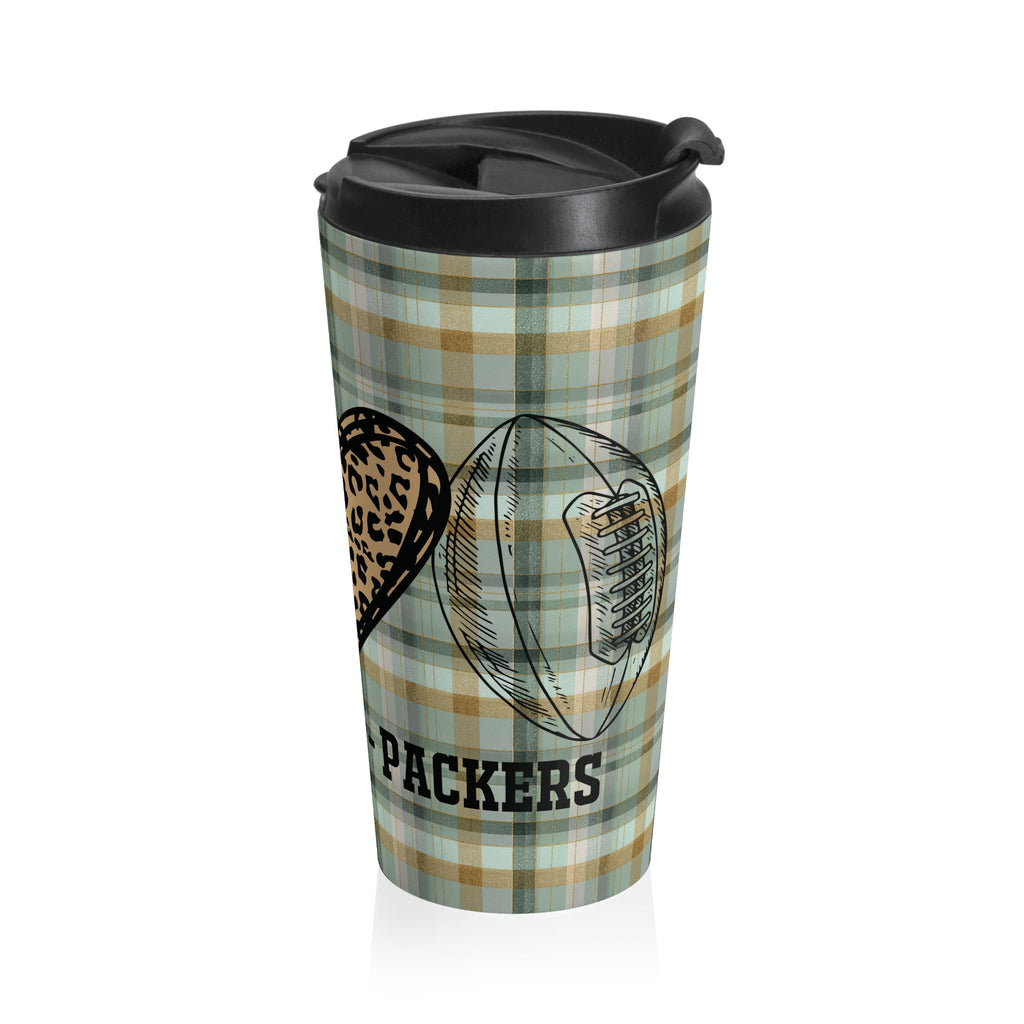 Green Bay Packers Football Fan Green Plaid "Drink, Love, Packers" Stainless Steel Travel Mug, Sports Team Gift, Game Day Tailgating Gear