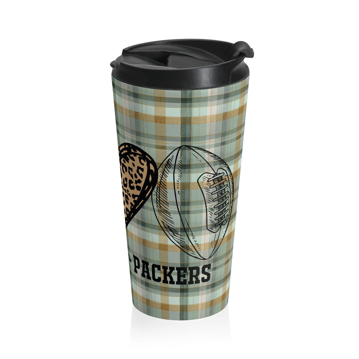 Green Bay Packers Football Fan Green Plaid "Drink, Love, Packers" Stainless Steel Travel Mug, Sports Team Gift, Game Day Tailgating Gear