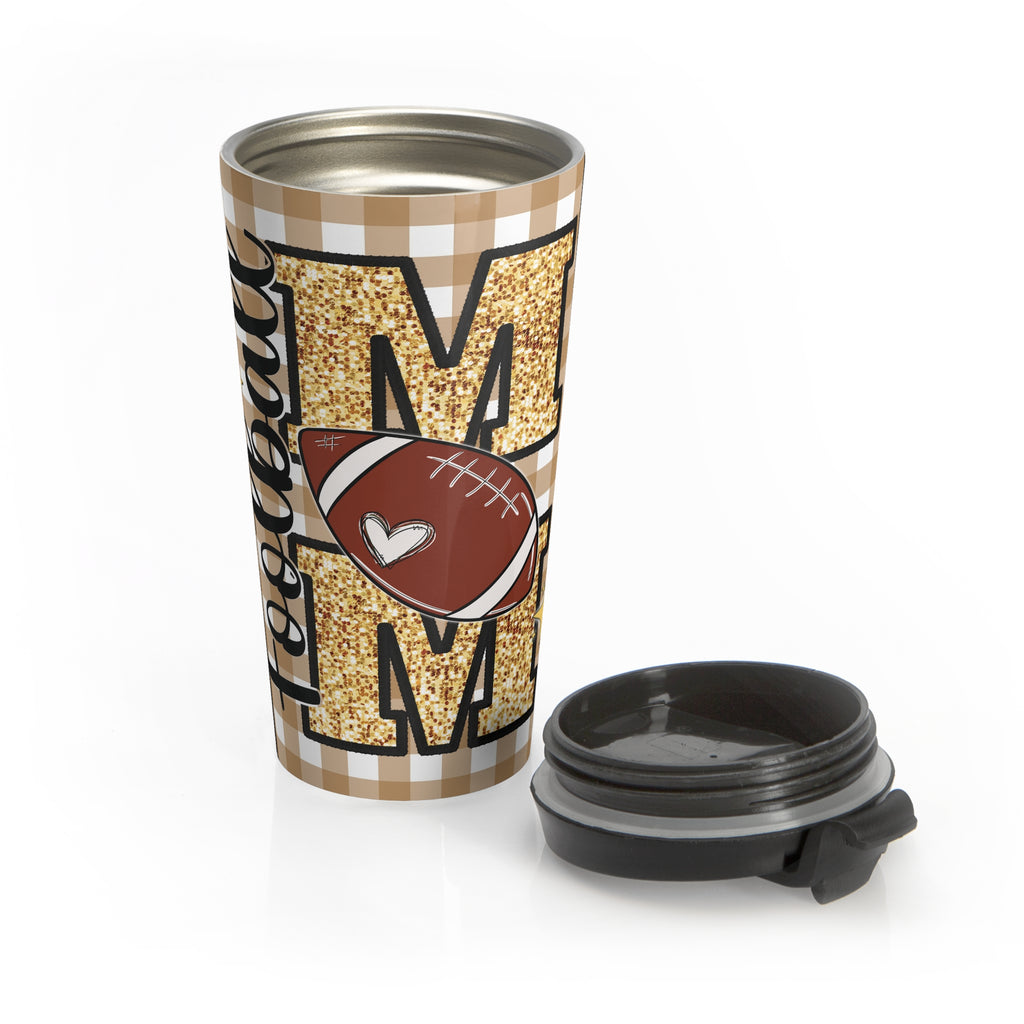 Cute Coquette Bow "Football Mom" Tan Beige Check Travel Mug, Gift for Sports Lovers, Stainless Steel Cup, Coffee Tumbler for Game Day