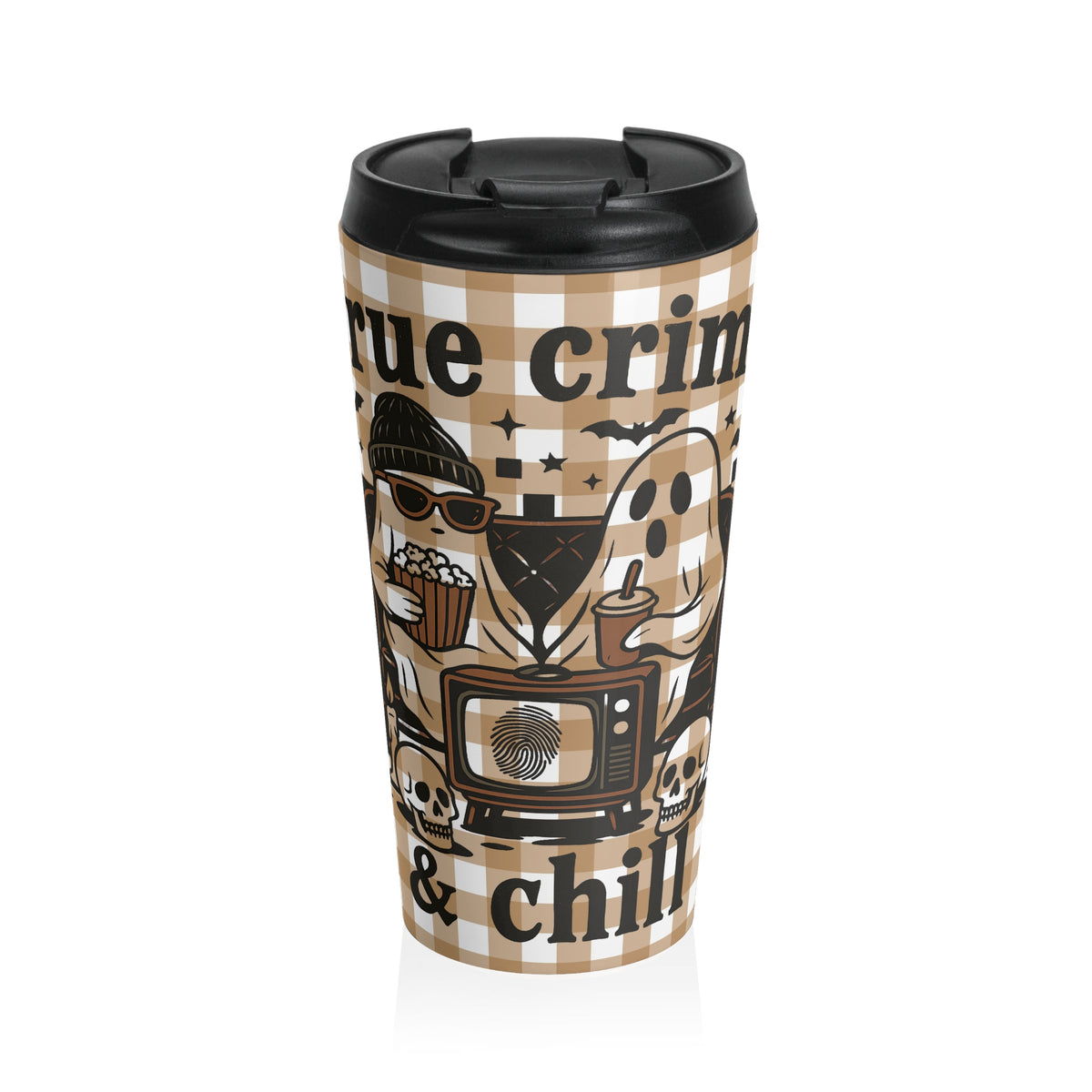 True Crime Funny Halloween Ghost Stainless Steel Travel Mug | Ideal for Camping, Hiking, Gifting, Fall Check Plaid Travel Mug, Coffee Lovers