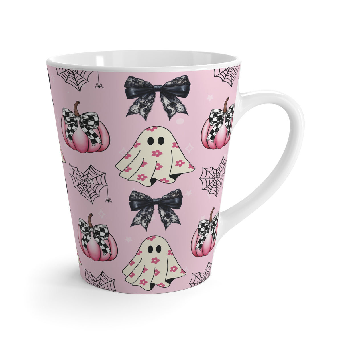 Pink Ghost Coquette Bow Latte Mug for Coffee Lovers | Cute Girly Halloween Design