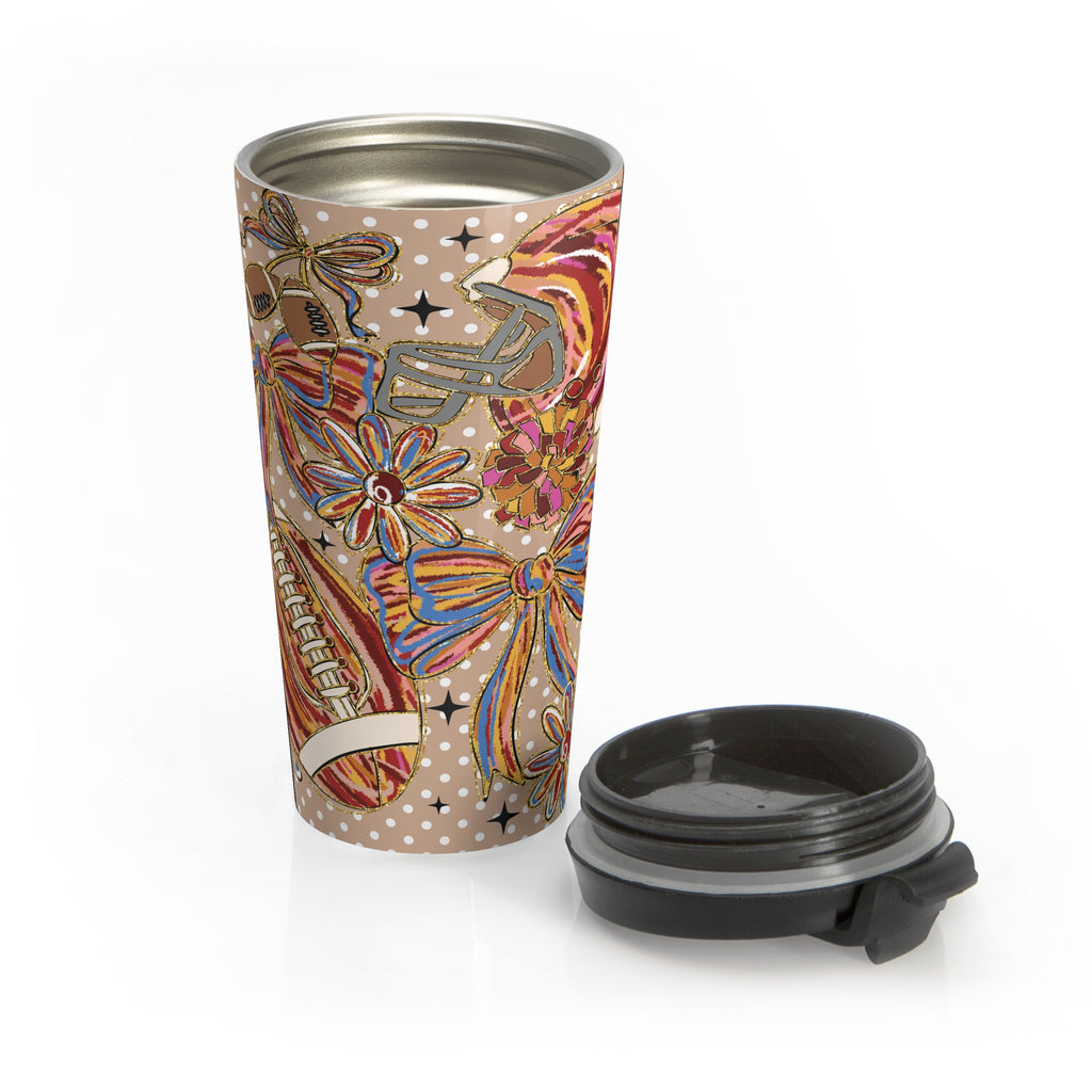 Coquette Bow and Football Floral Travel Mug | Artistic Polka Dots Travel Coffee Cup